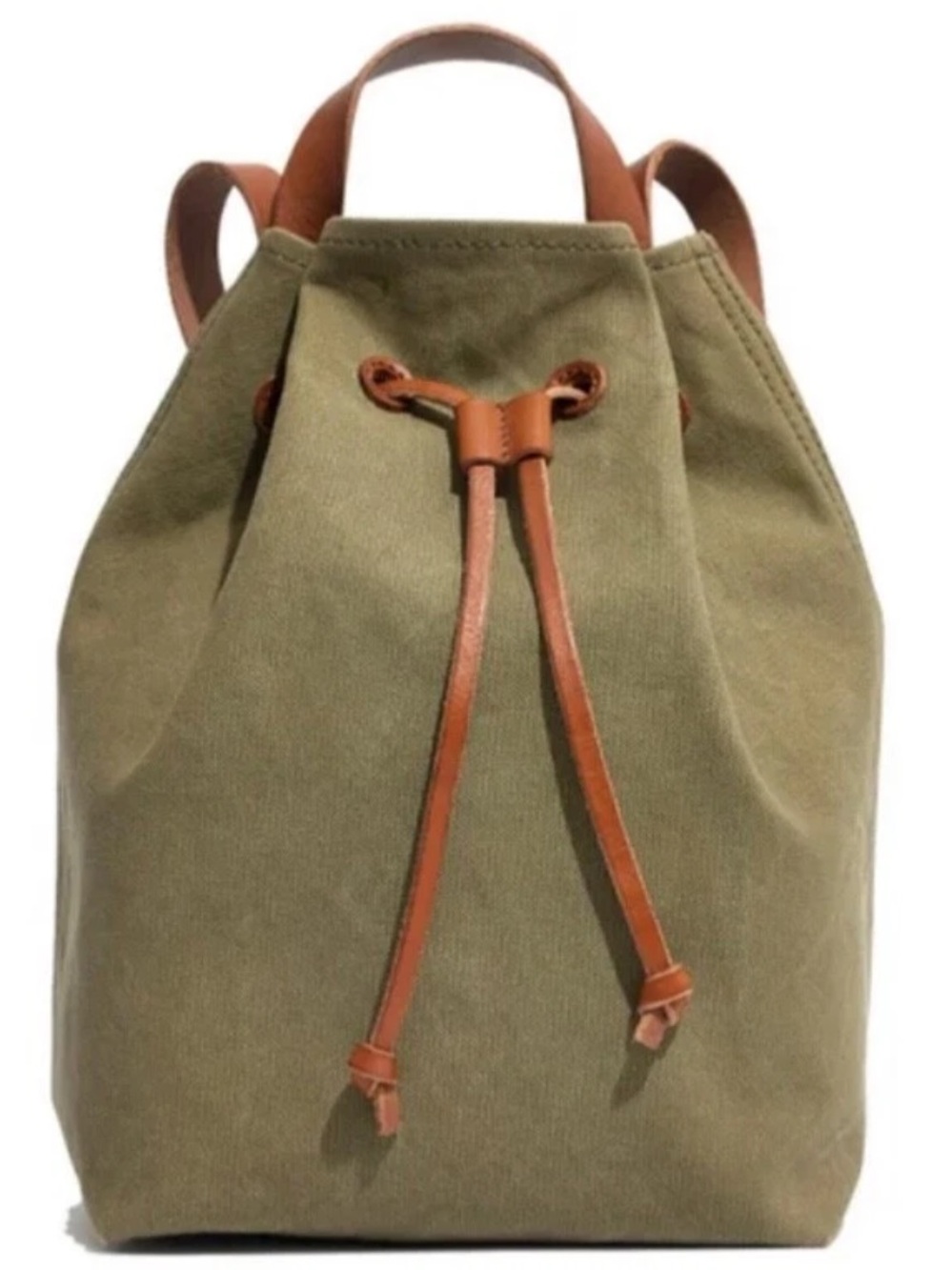 Madewell Olive Canvas Drawstring Backpack with Brown Leather Accents